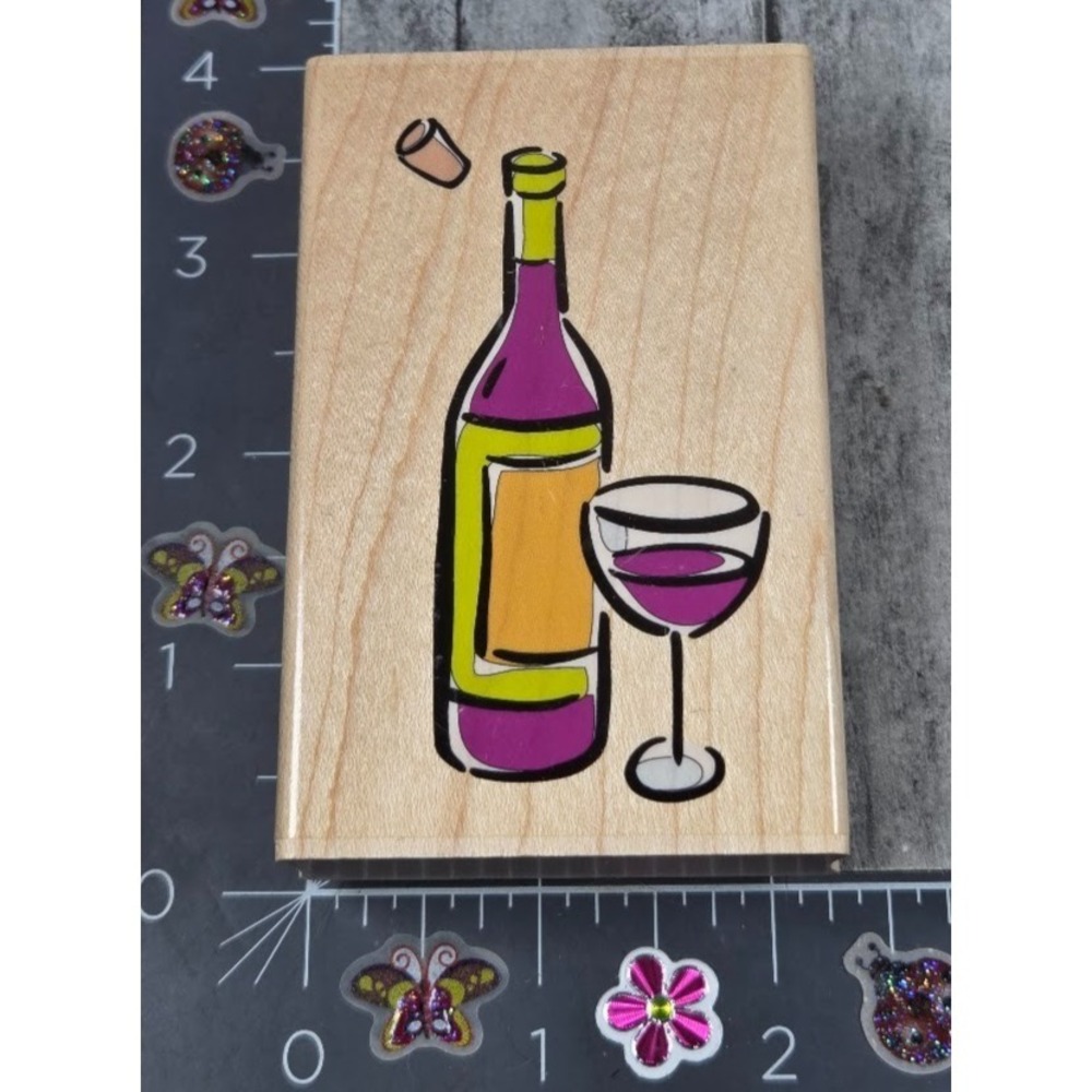 Stamps Happen Wine Bottle and Glass 20086 Rubber Stamp Wood #i42